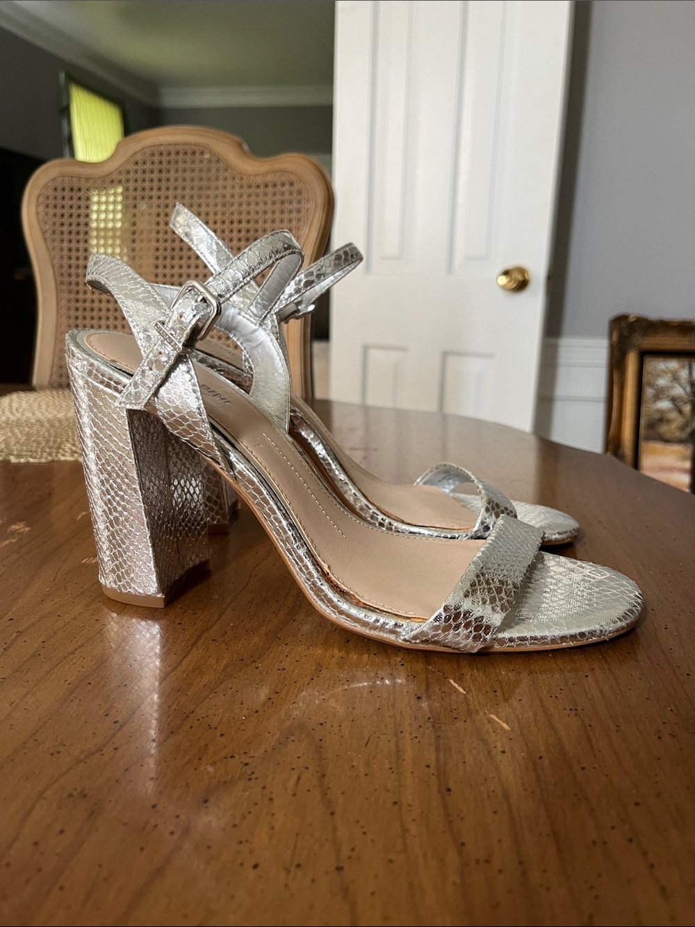 Gianni Bini Silver Snake-Embossed Block Heel Sandals